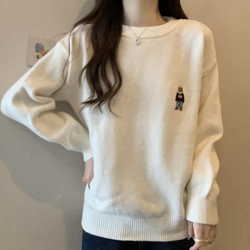 オーバーサイズTシャツ くまワンポイント刺繍ゆったりニットトップス