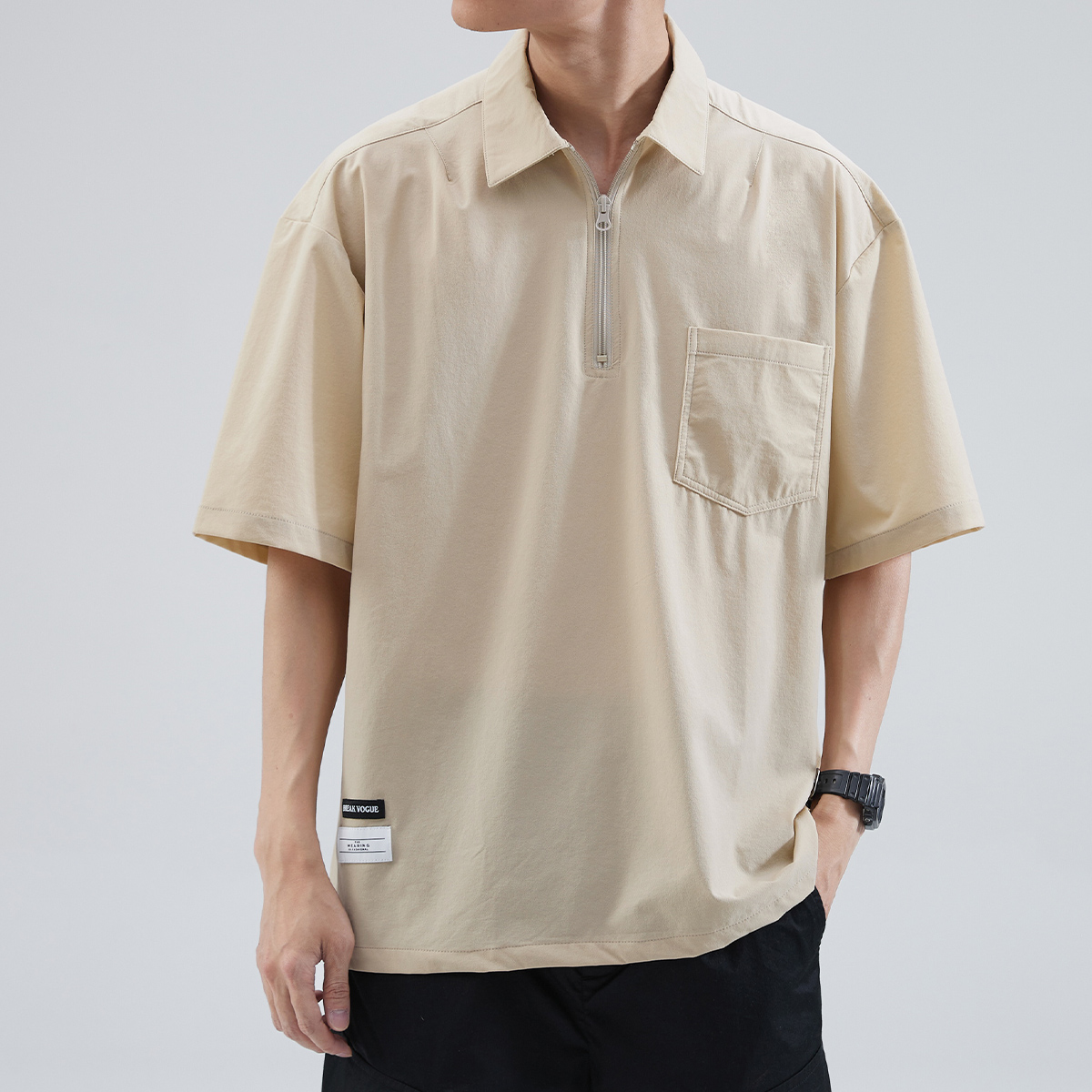 オーバーサイズTシャツ ハーフジップ襟付きポケットシャツ