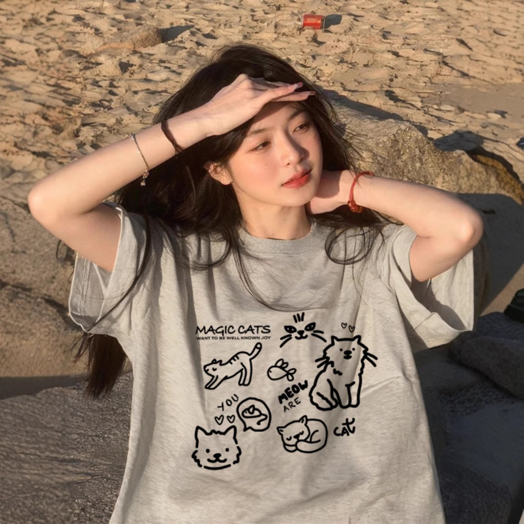 オーバーサイズTシャツ ゆるかわ猫イラスト ゆったりティー