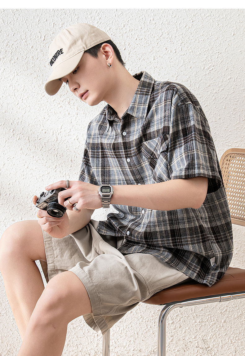 オーバーサイズTシャツ 格子柄ゆったり半袖シャツ