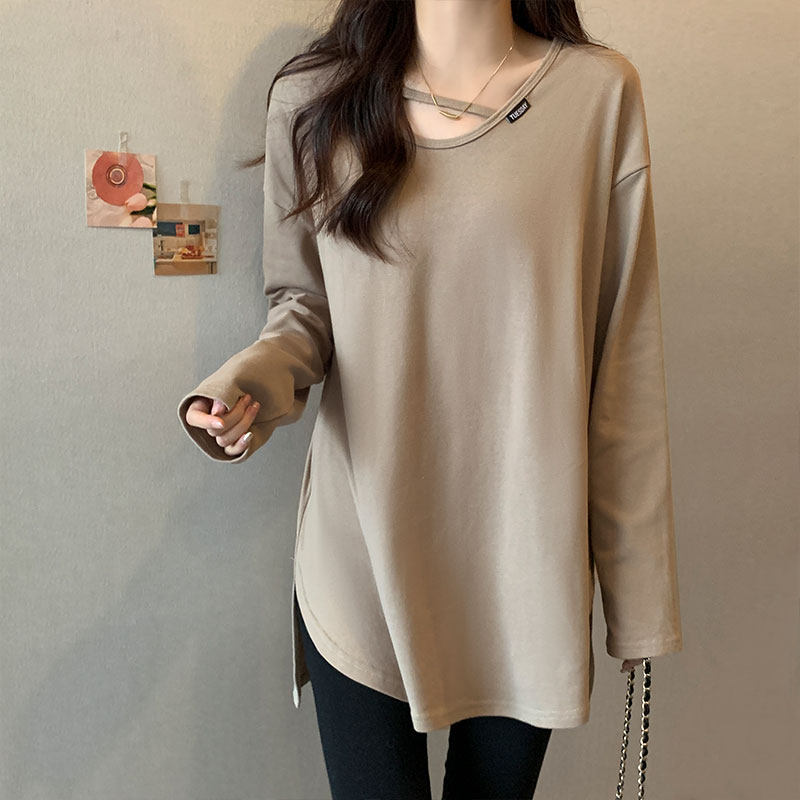 オーバーサイズTシャツ 裾スリット入りゆったり長袖ロングトップス