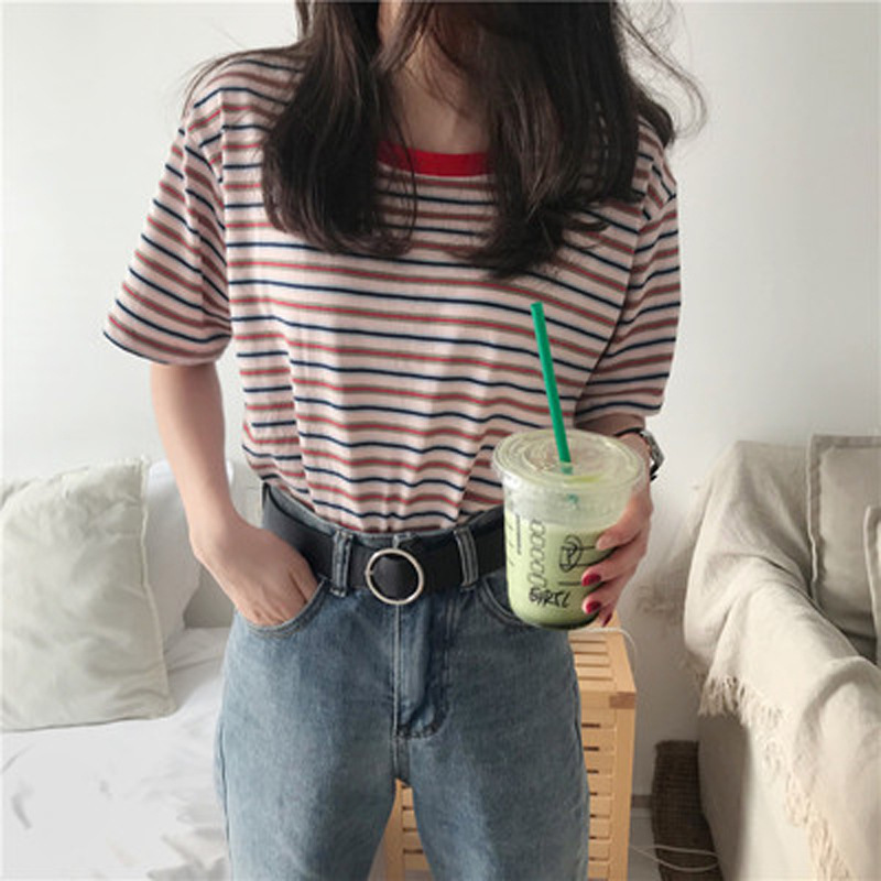 オーバーサイズTシャツ なめらかボーダーゆったり半袖
