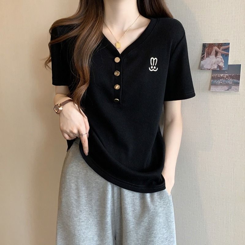 オーバーサイズTシャツ レディースうさぎ刺繍ボタン付き半袖ゆったりトップス