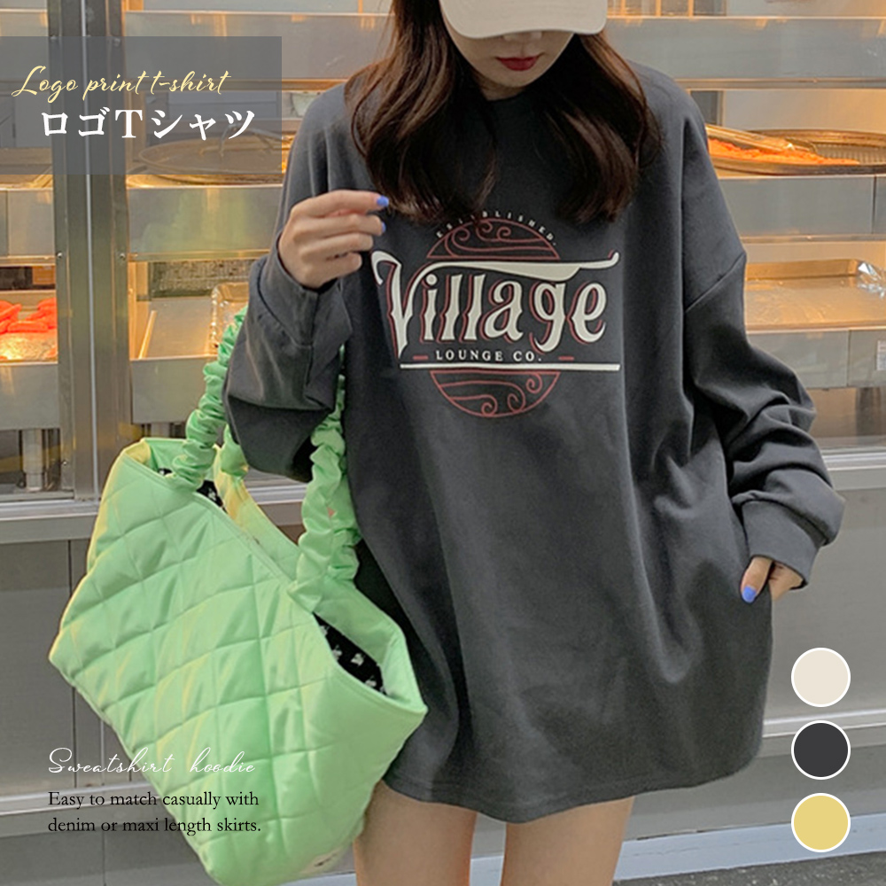 オーバーサイズTシャツ ヴィンテージロゴオーバーサイズ長袖Tシャツ韓国風