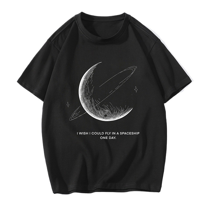 オーバーサイズTシャツ メンズ月と土星モチーフ宇宙デザイン半袖オーバーサイズティーシャツ