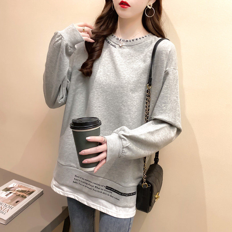 オーバーサイズTシャツ レイヤード風ロゴ刺繍付き重ね着風長袖トップス