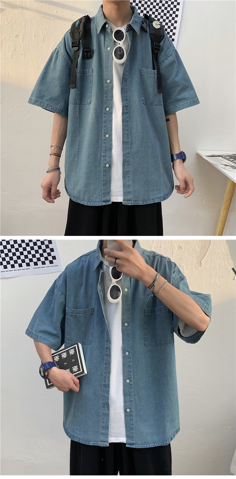 オーバーサイズTシャツ デニム風ゆったり半袖シャツ