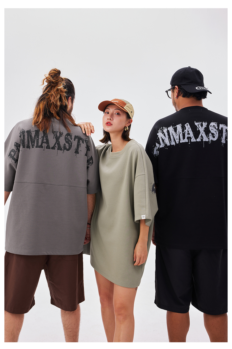 オーバーサイズTシャツ 滲み文字バックプリント重ね着風Ｔシャツ