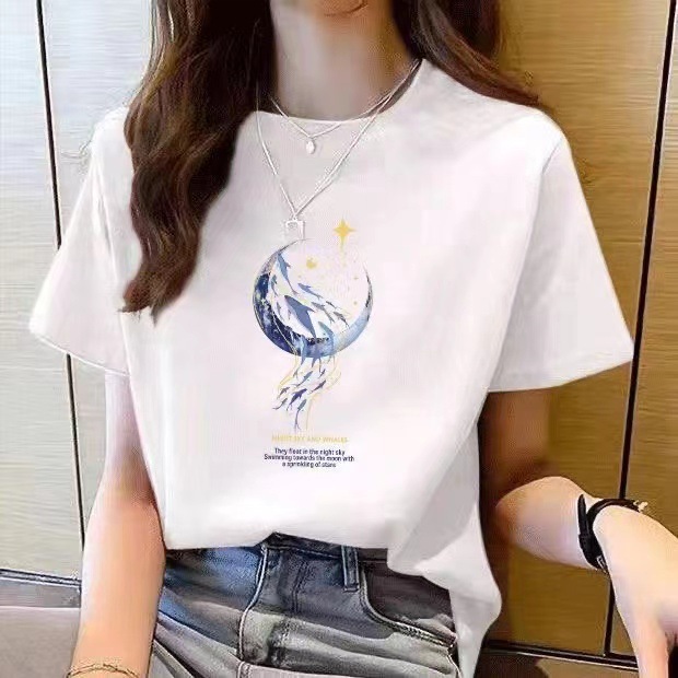 オーバーサイズTシャツレディース 月と星空デザインゆったりシルエット半袖トップス