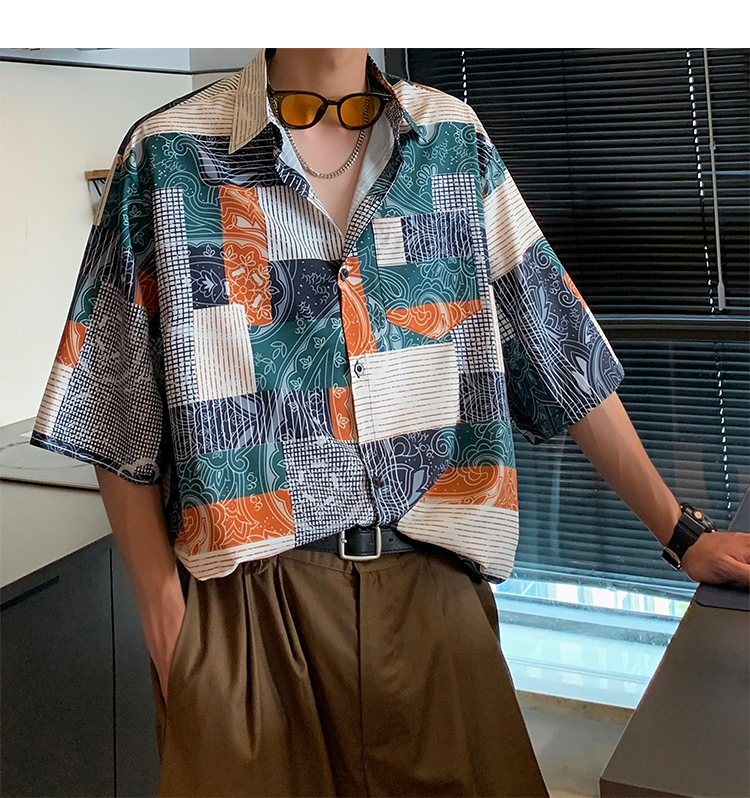 オーバーサイズTシャツ パッチワーク柄開襟半袖シャツ