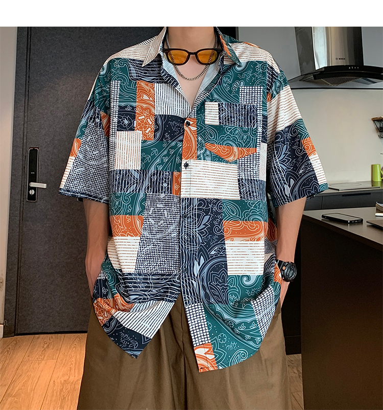 オーバーサイズTシャツ パッチワーク柄開襟半袖シャツ