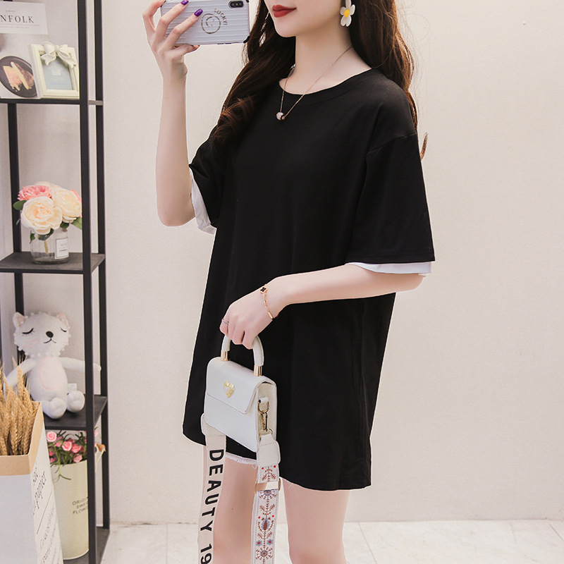 オーバーサイズTシャツ レディース配色袖口シンプルゆったりチュニック丈半袖トップス