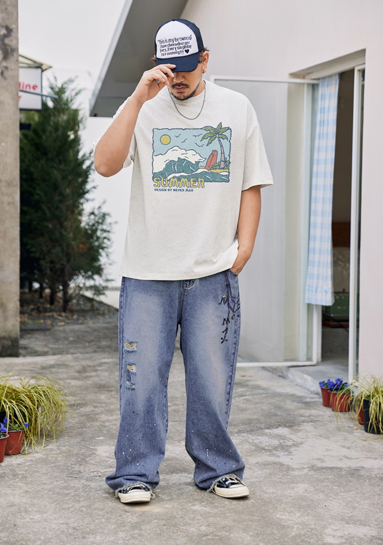 オーバーサイズTシャツ 南国ビーチ ゆったりプリント半袖