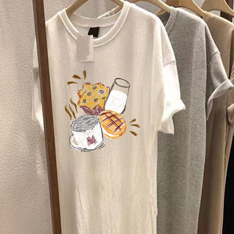 オーバーサイズTシャツ 朝食図案ロングワンピース