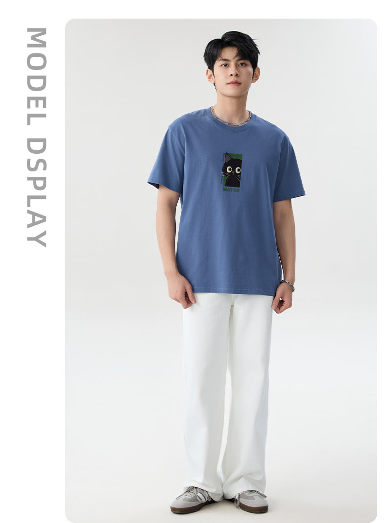 オーバーサイズTシャツ 黒猫イラスト入りゆったりシルエット半袖