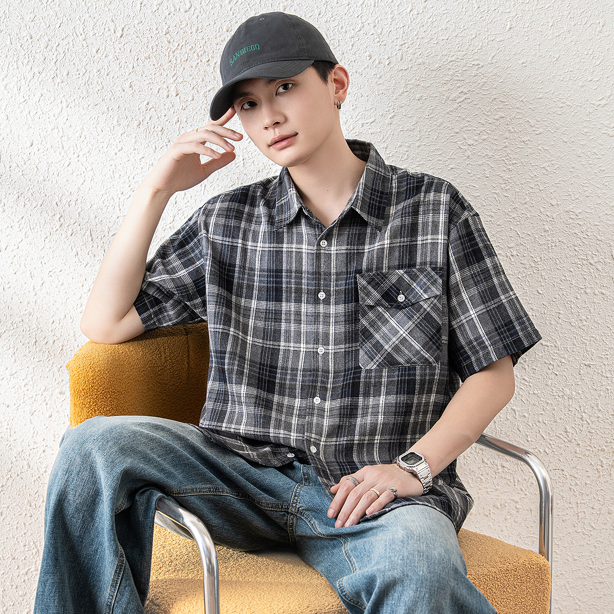 オーバーサイズTシャツ 格子柄ゆったり半袖シャツ