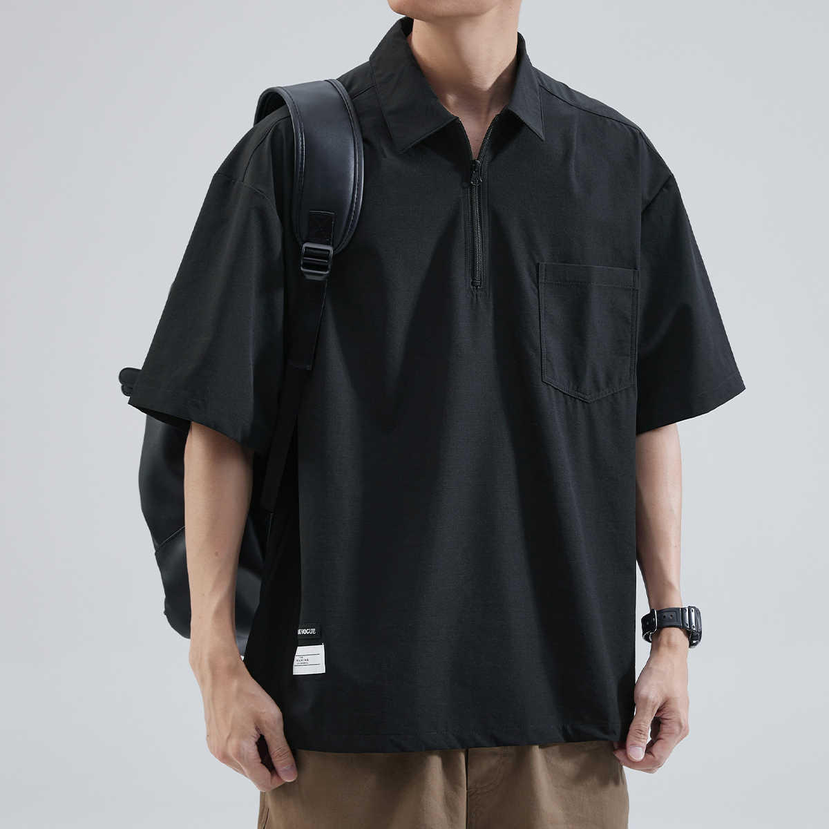 オーバーサイズTシャツ ハーフジップ襟付きポケットシャツ