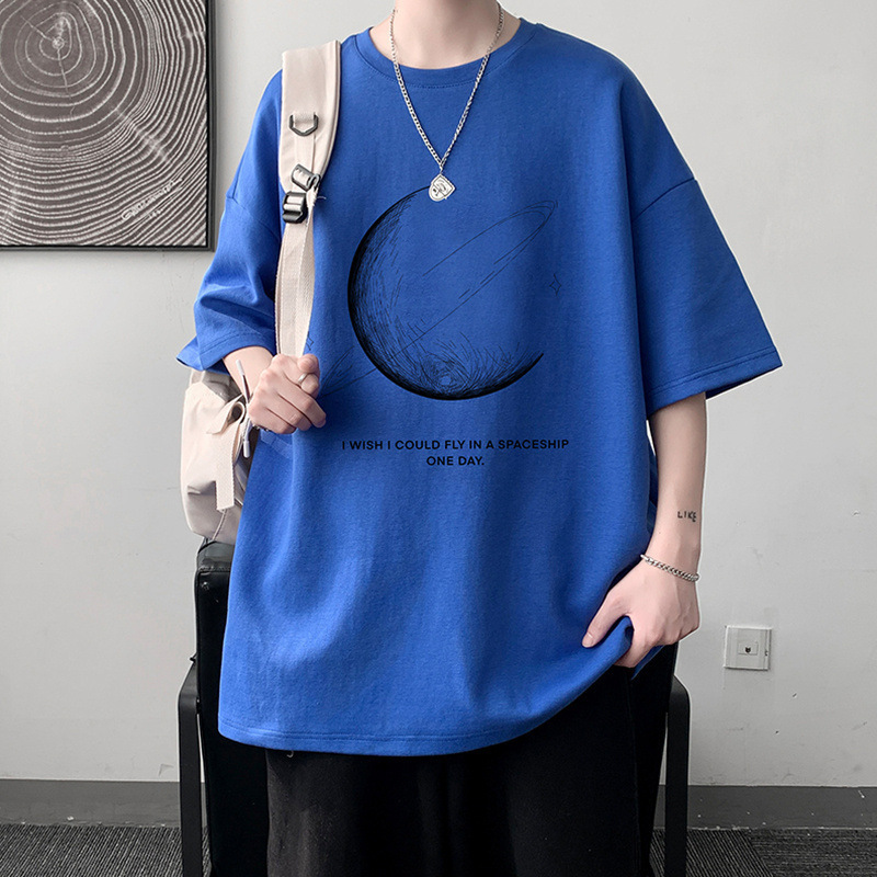 オーバーサイズTシャツ メンズ月と土星モチーフ宇宙デザイン半袖オーバーサイズティーシャツ