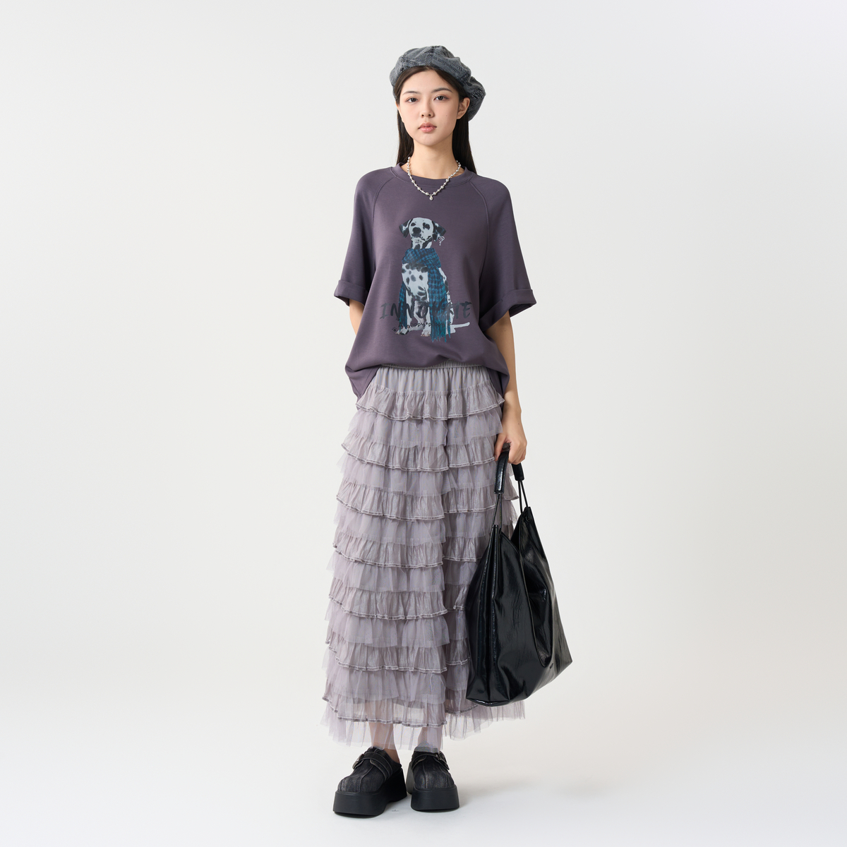 オーバーサイズTシャツ 愛らしい犬柄プリントゆったり半袖シャツ