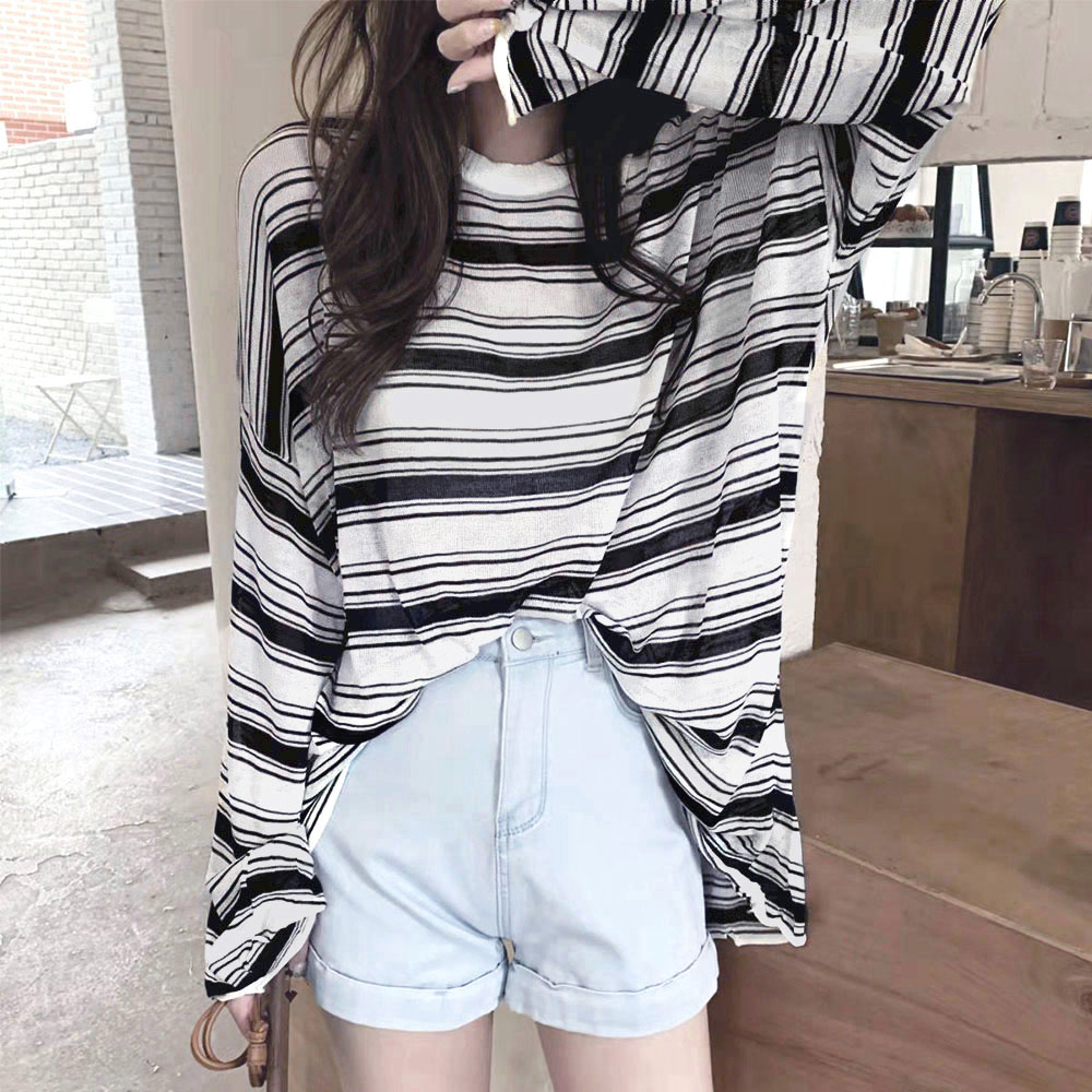 レディース ボーダー柄 長袖オーバーサイズTシャツ