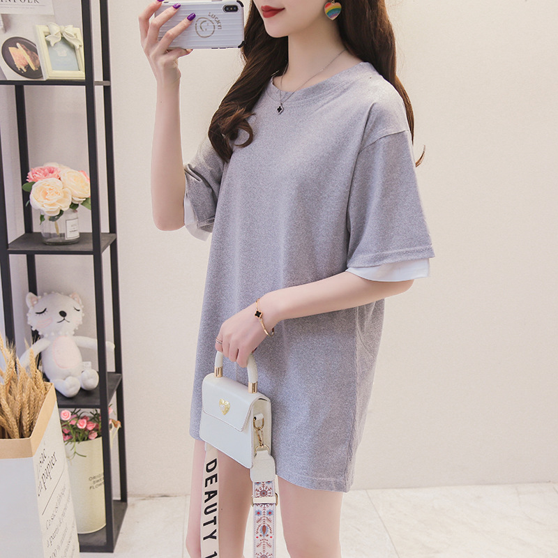 オーバーサイズTシャツ レディース配色袖口シンプルゆったりチュニック丈半袖トップス