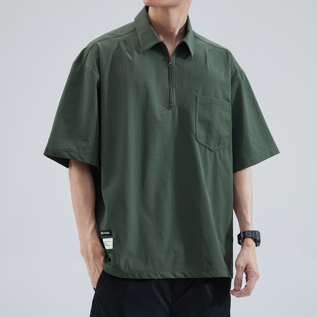 オーバーサイズTシャツ ハーフジップ襟付きポケットシャツ