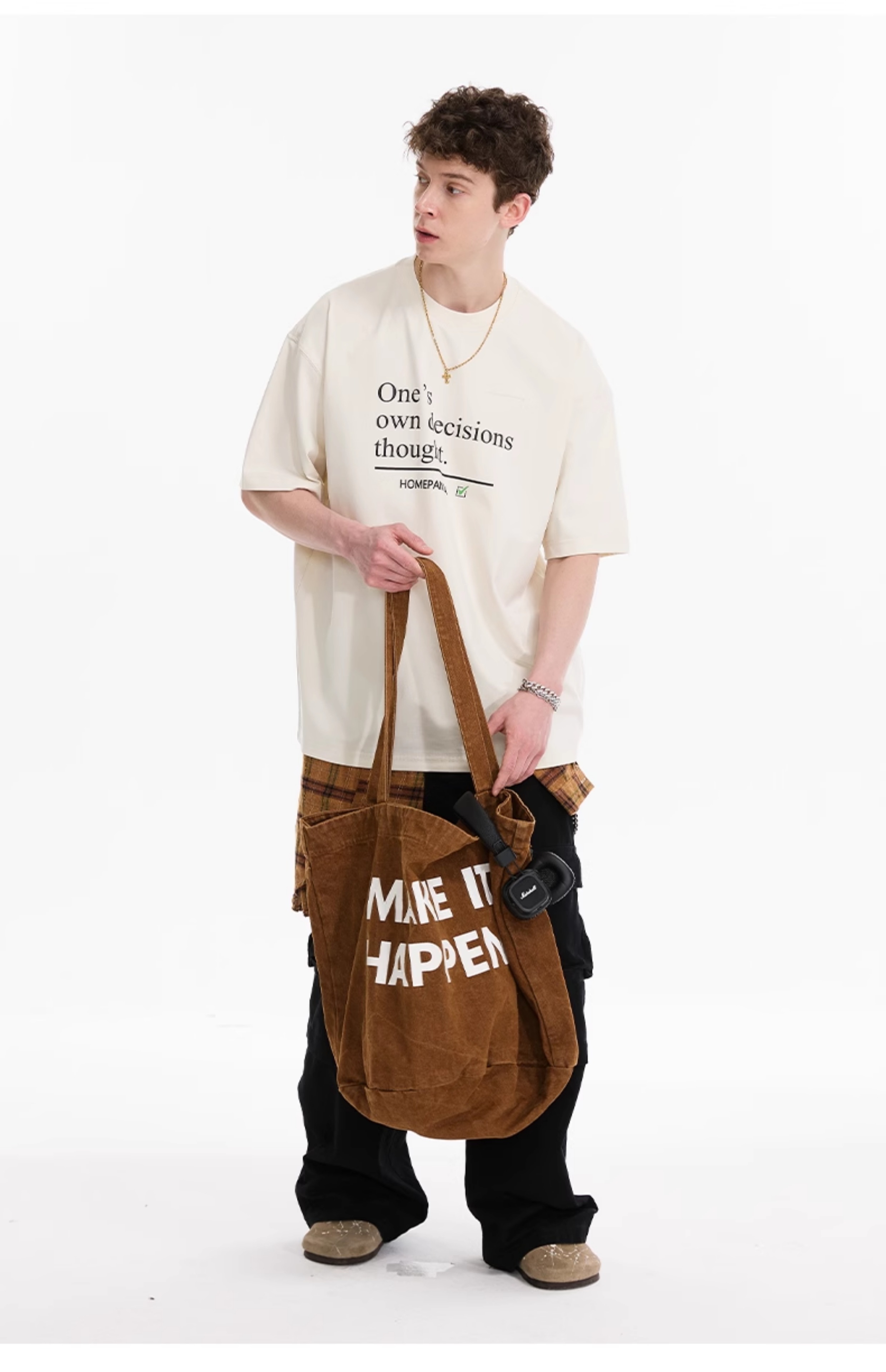 オーバーサイズTシャツ 自己決断メッセージプリントゆったり半袖