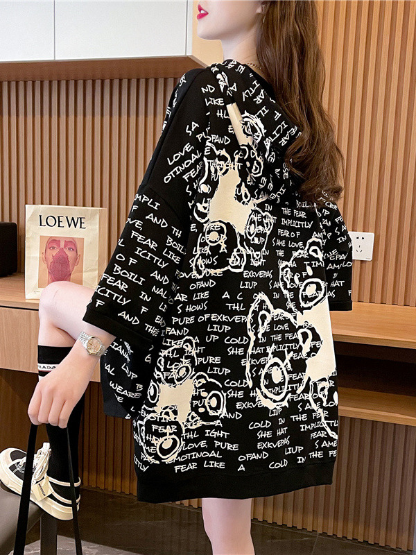 オーバーサイズTシャツ レディース総柄文字プリントゆったり七分袖トップス