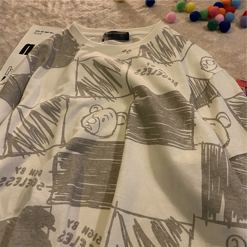 オーバーサイズTシャツ クマさん落書き風ゆったりトップス