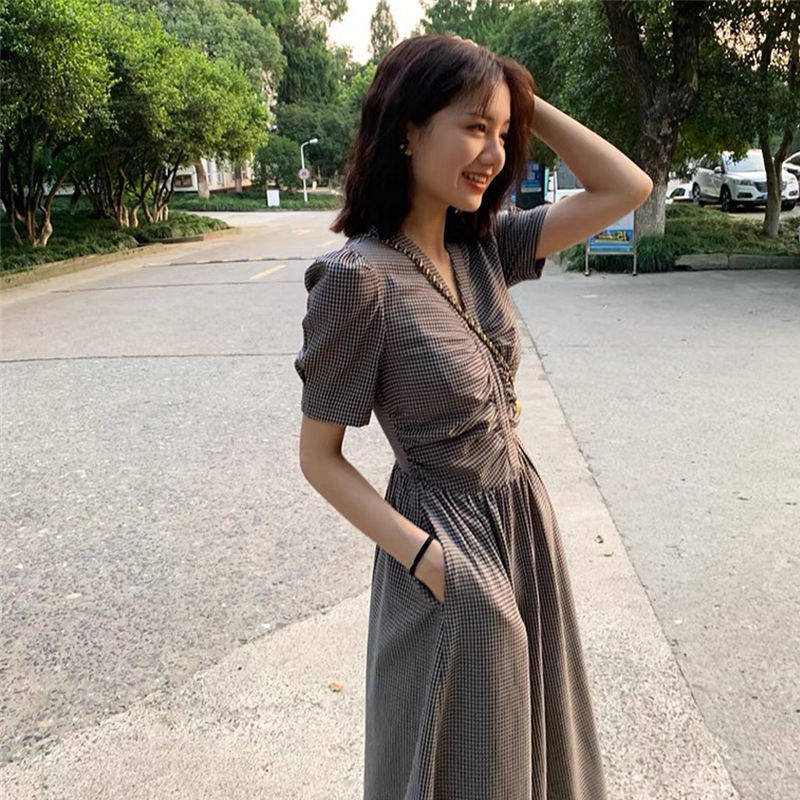 ロングワンピース シャツ 襟元ギャザー入り半袖格子柄ロングワンピース
