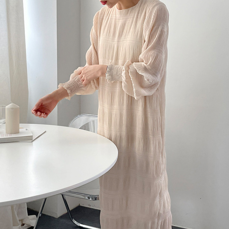 フリル袖シフォン長袖ロングワンピース