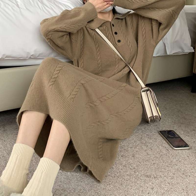 ロングワンピース ケーブル編みリボンポロワンピース