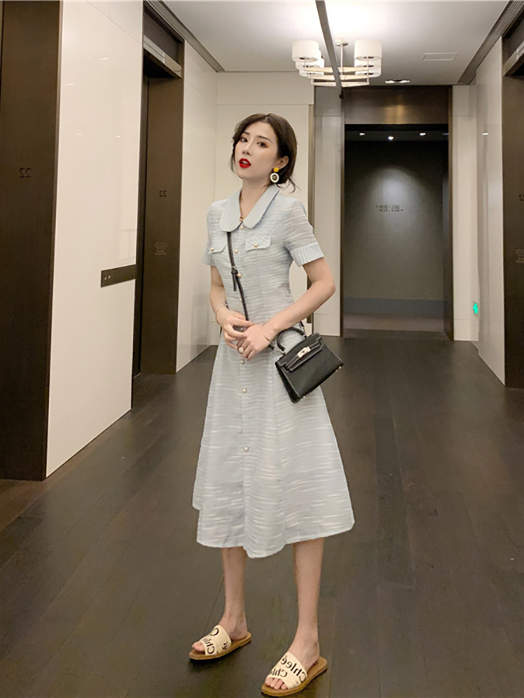 ロングワンピース ポロシャツ 丸襟半袖ボタン留めロングワンピース