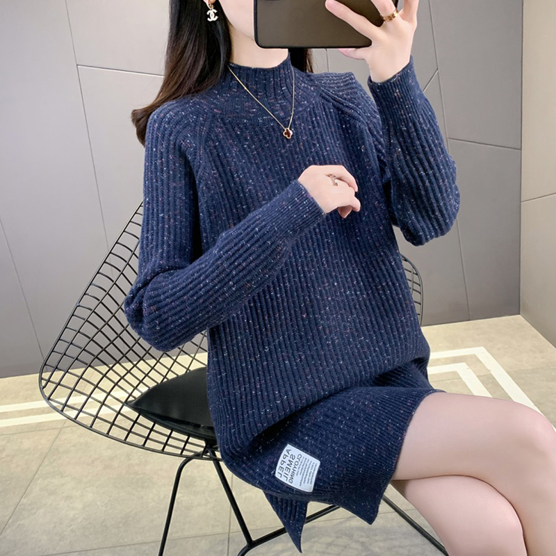 ロングワンピース ニット リブ編み モックネック ミニワンピース