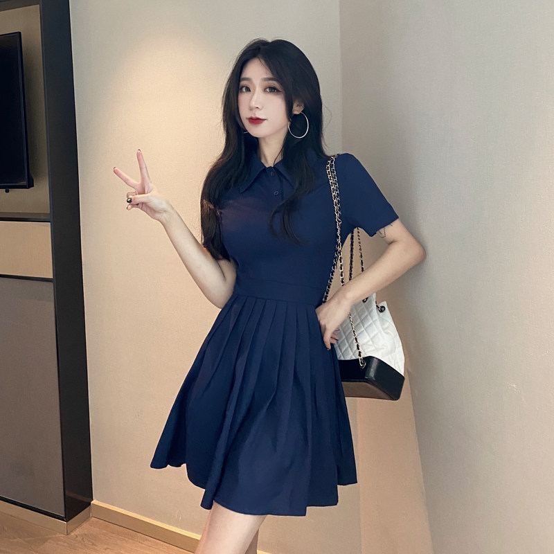 ロングワンピース ポロシャツ 襟付きプリーツスカート半袖ワンピース