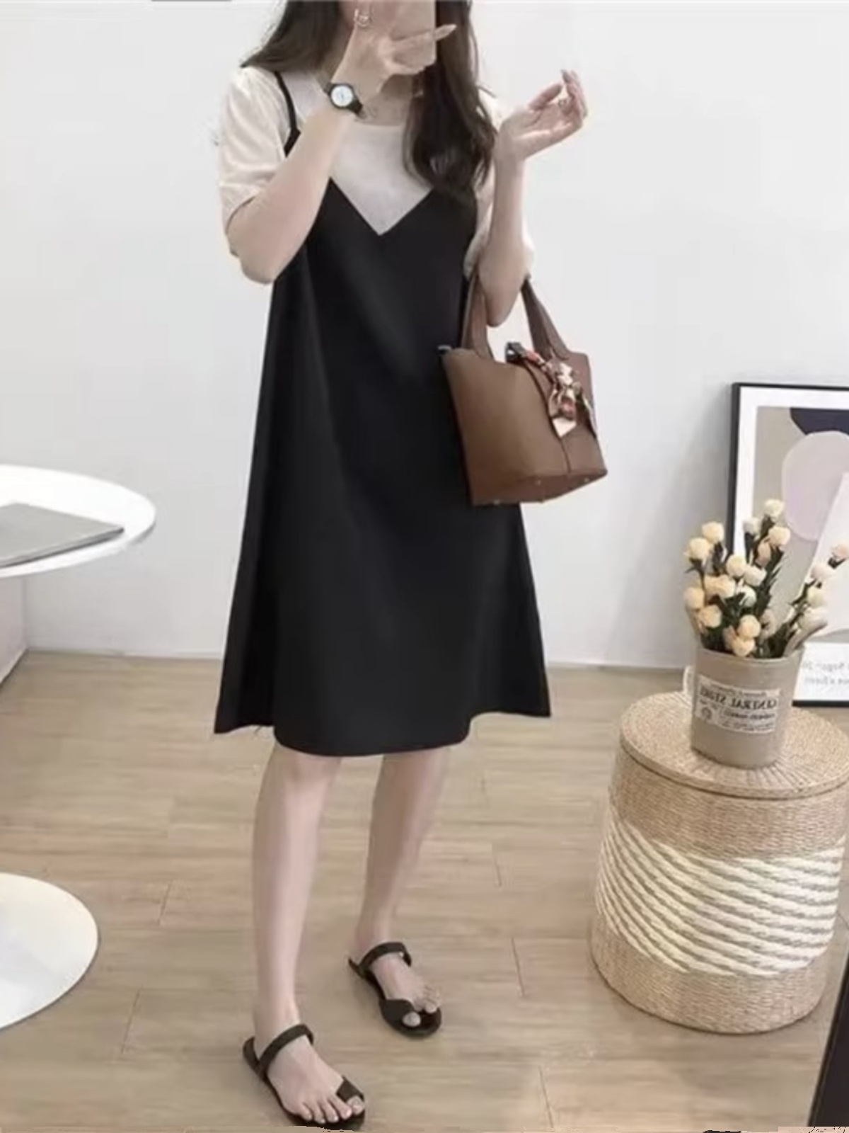 ロングワンピース キャミ 重ね着風細身肩紐ひざ丈ゆったりワンピース