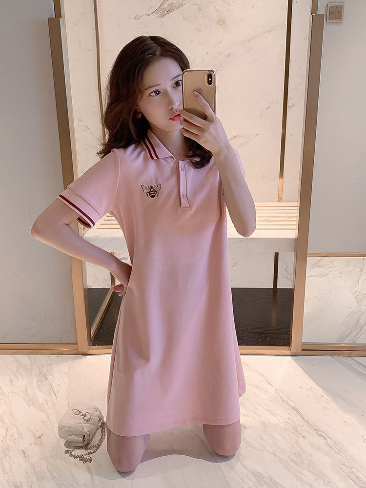 ロングワンピース ポロシャツ 蜂刺繍入り襟付きロングポロシャツワンピース