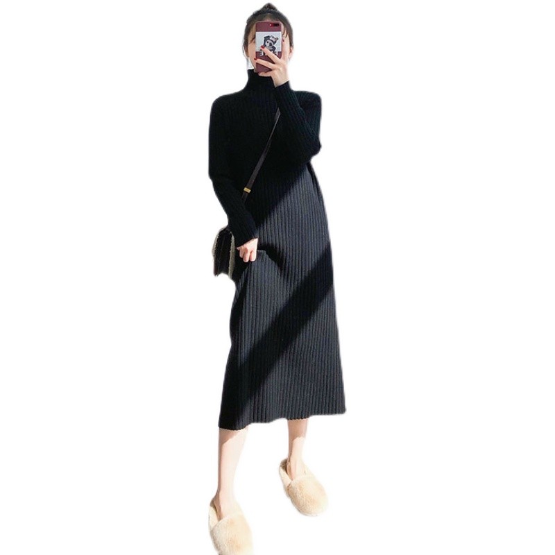 ロングワンピース ニット タートルネックリブ編みロングワンピース