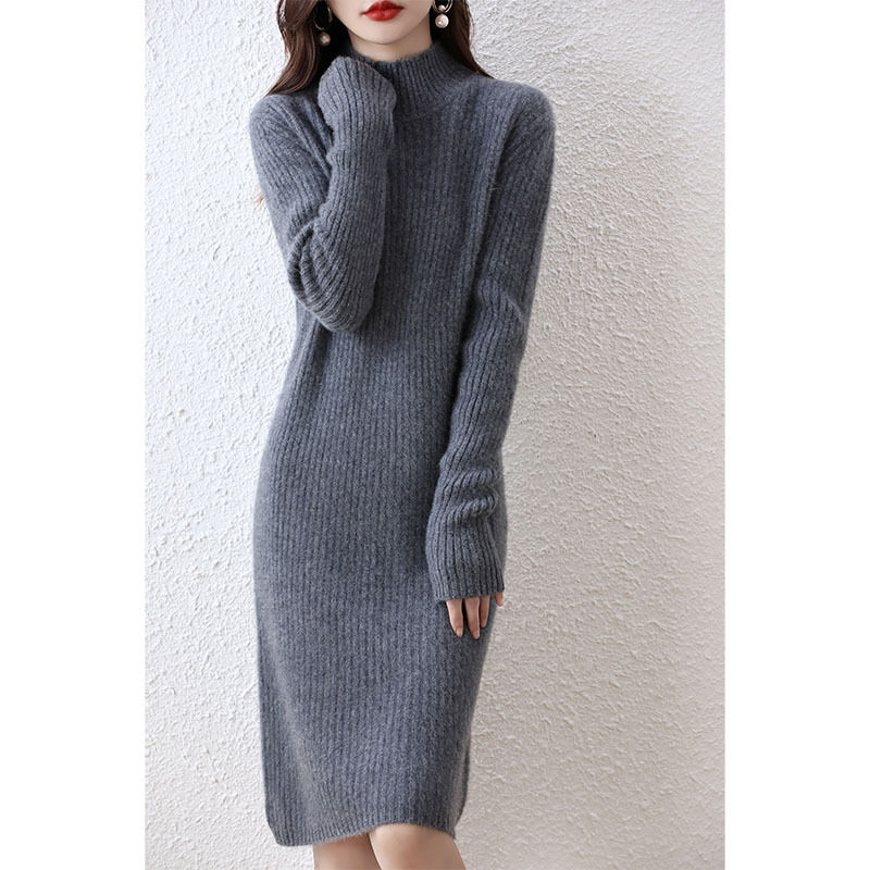 ロングワンピース シンプル リブ ハイネック ニットワンピース