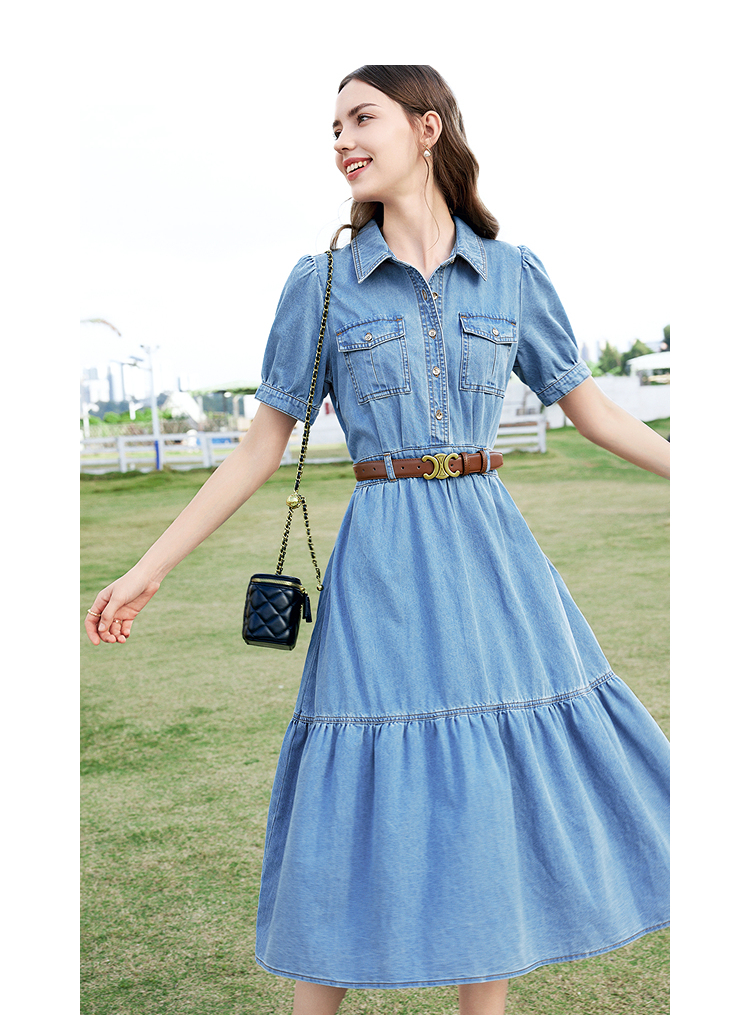 ロングワンピース デニム ティアード切替シャツ風ロングワンピース
