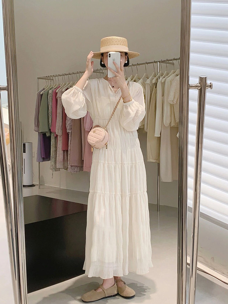 ロングワンピース レース ティアードフリル袖ふんわりロングワンピース