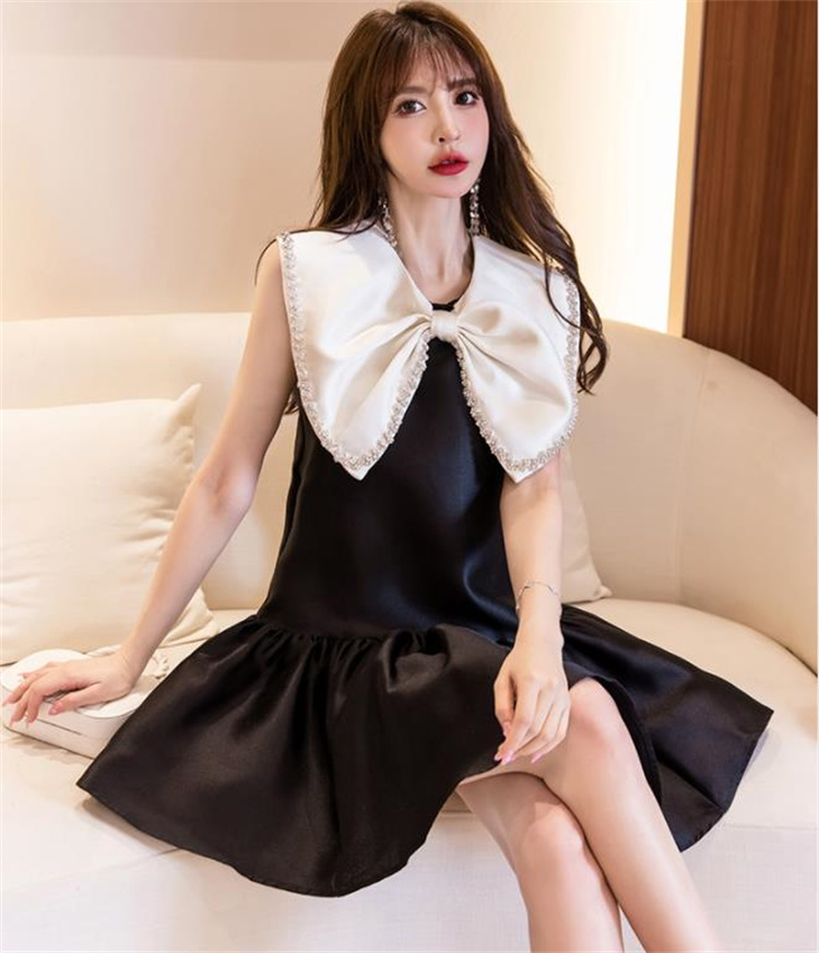 ロングワンピース 大きな蝶結び襟付きフリルワンピース袖なし上品