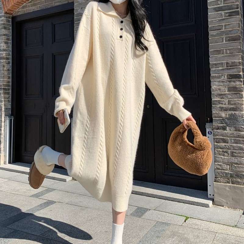 ロングワンピース ケーブル編みリボンポロワンピース