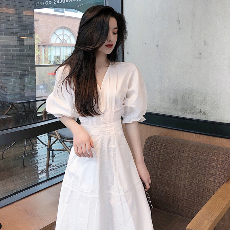 ロングワンピース シャツ パフスリーブ襟付きウエストマークロングワンピース