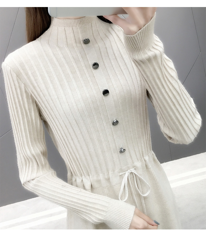 ロングワンピース レース付きリブニット ハイネックワンピース