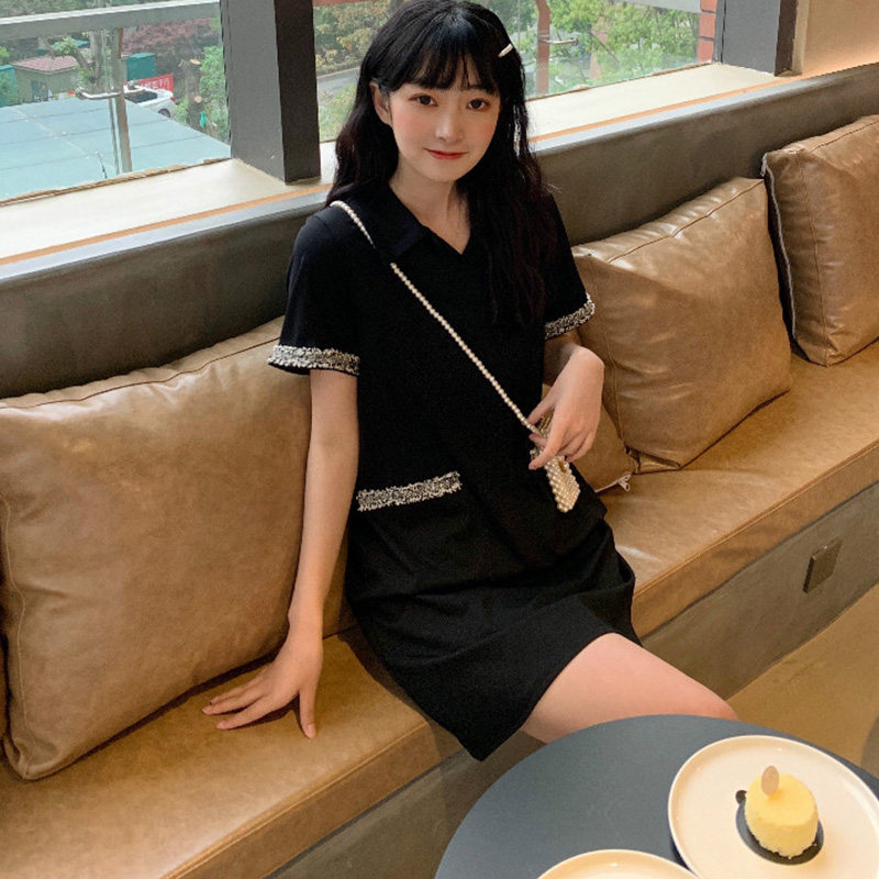 ロングワンピース ポロシャツ レース配色トリム付き襟付きワンピース