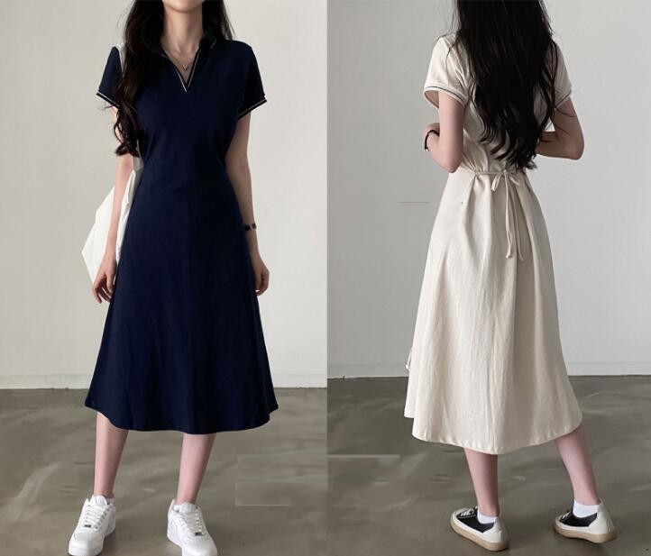 ロングワンピース 半袖ポロシャツワンピース ブイネック エーライン ミドル丈