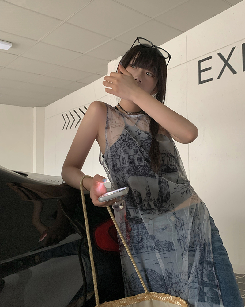 ロングワンピース レース 建築風景柄シアー素材キャミソールロングワンピース