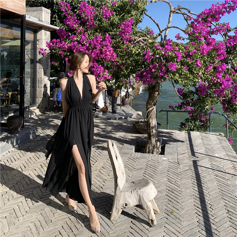 ロングワンピース キャミ 背中クロスデザインホルターネックロングワンピース