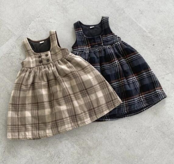 ロングワンピース 2026年新作 キッズ チェック柄サロペットワンピース 66-90センチ 2色展開